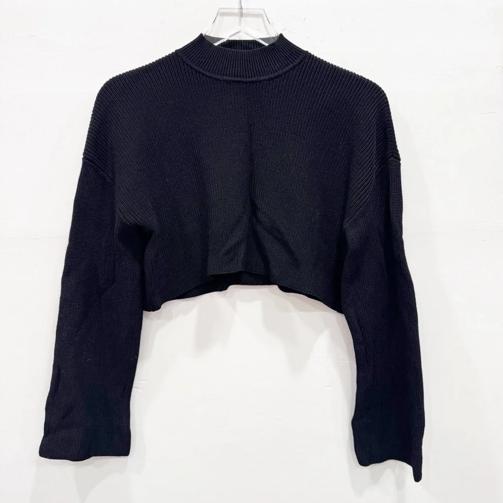 Aritzia Wilfred Black Knit Crop Sweater High Neck Wide Sleeve Size 1